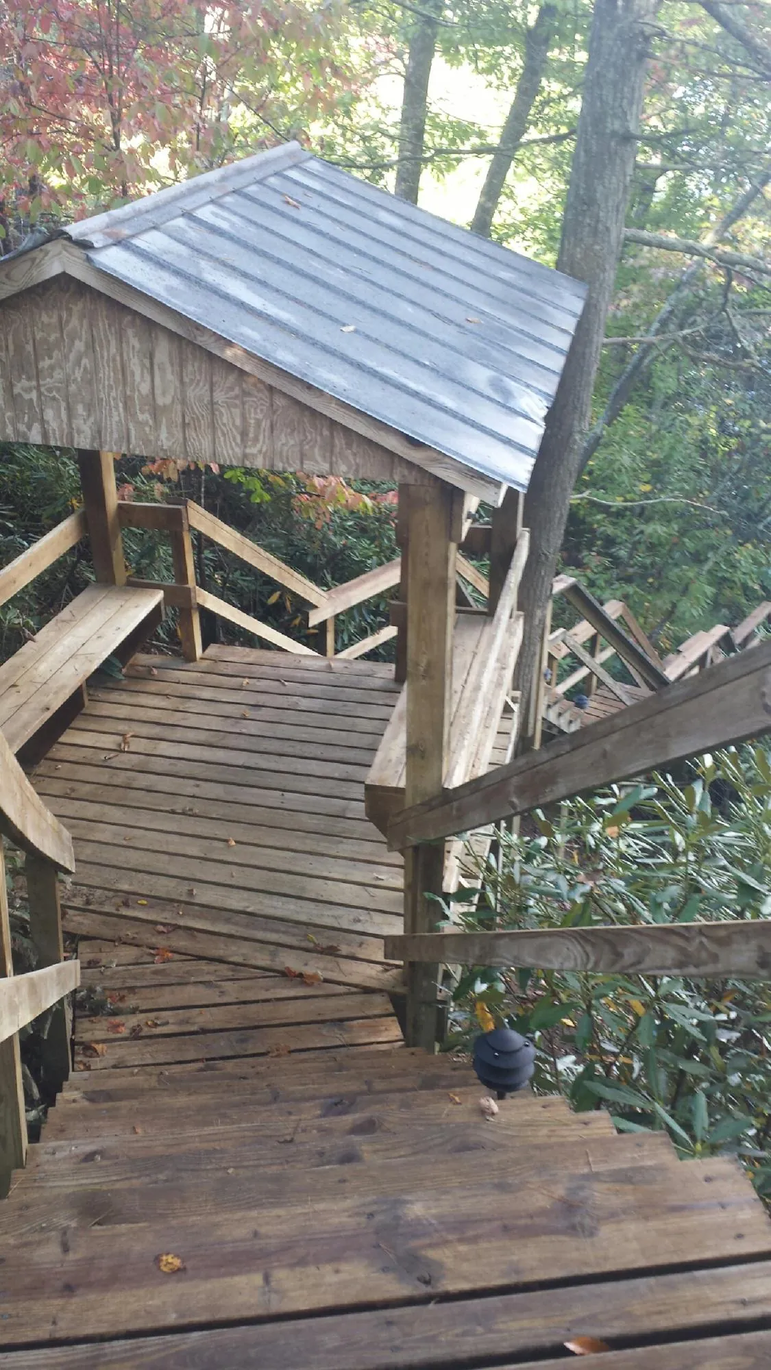 Metal roofed shelter over wooden steps on a wooded walkway — Skylight Repair & Installation work by our crew in Lowpoint